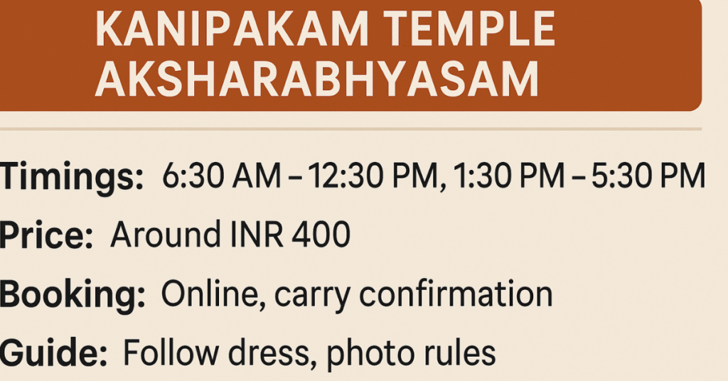 “Kanipakam Temple Aksharabhyasam information graphic showing ceremony timings, price, booking details and visitor guidelines.”