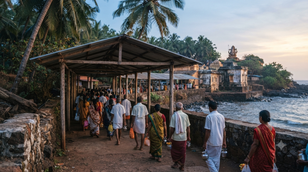 Ganpatipule Temple Ratnagiri Darshan queue near the coastal shrine at dawn