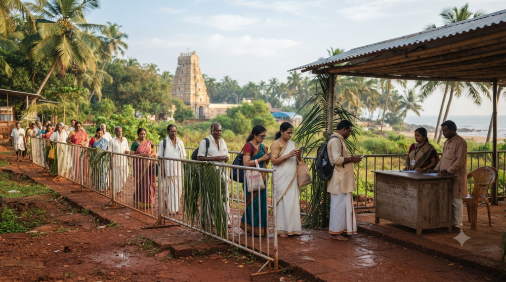 Ganpatipule Temple VIP Darshan verification scene with pilgrims checking official entry information