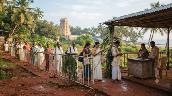 Ganpatipule Temple VIP Darshan verification scene with pilgrims checking official entry information