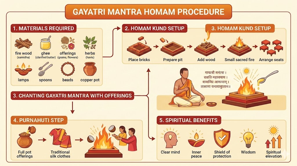 Gayatri Mantra Homam procedure steps and benefits infographic