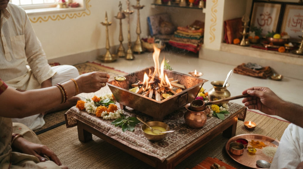 Gayatri Mantra Homam with a small havan fire and traditional offerings at home