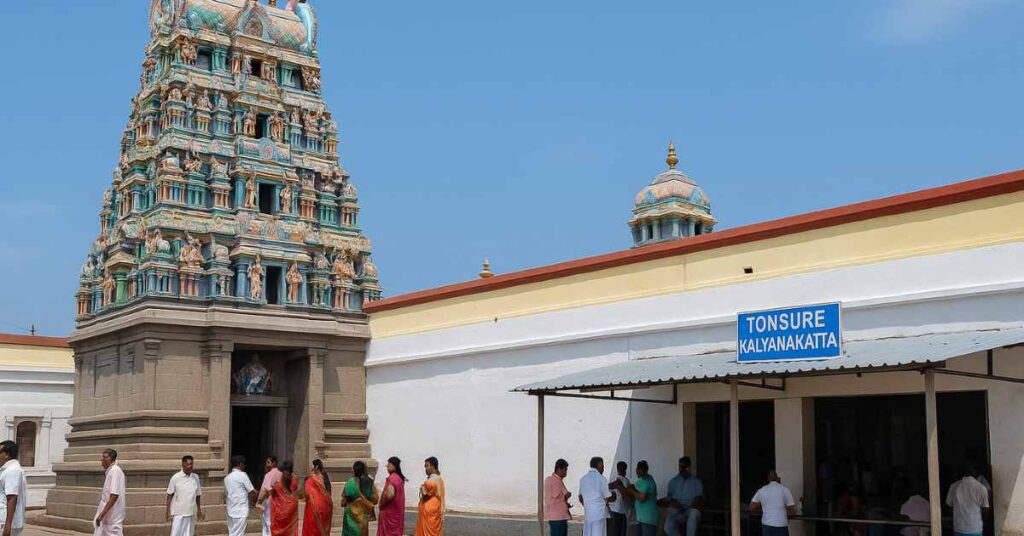 Kanipakam Temple Kalyanakatta tonsure area with devotees performing the hair-offering ritual