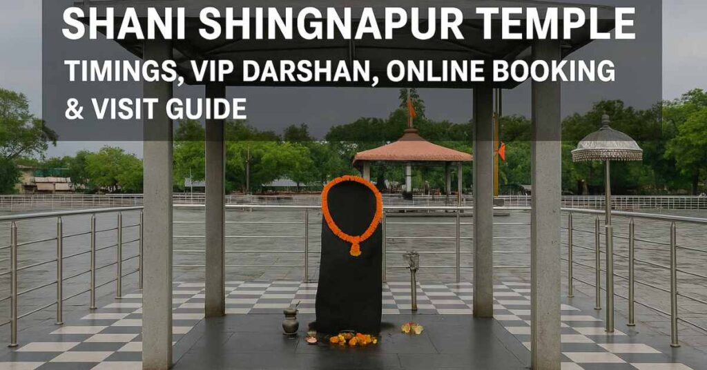 Shani Shingnapur Temple open-air shrine with Shani Dev idol under canopy, marigold garland and temple surroundings.
