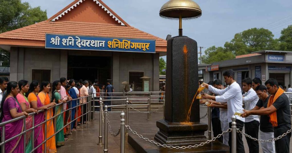 Devotees performing oil abhishekam at Shani Shingnapur Temple under the open sky