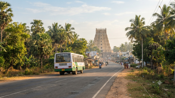 How to reach Kanipakam Temple by road with a bus approaching the temple village in Chittoor district