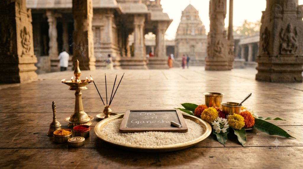 Kanipakam Aksharabhyasam booking guide with traditional first-writing ceremony setup
