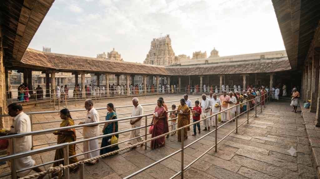 Kanipakam darshan online booking with pilgrims waiting in temple queue