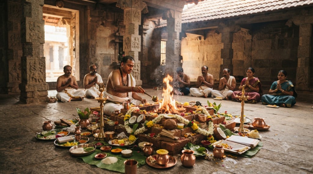 Kanipakam Ganapathi Homam morning seva with sacred fire and traditional ritual setting
