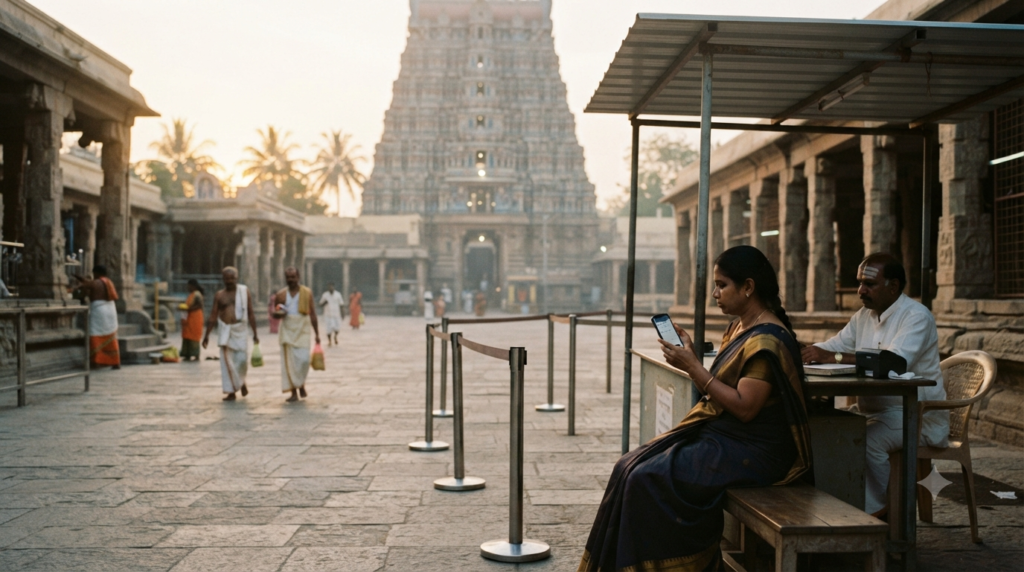 Kanipakam Temple Abhishekam booking scene with morning seva queue and official ticket concept