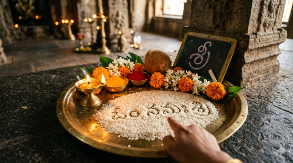 Kanipakam Temple Aksharabhyasam ritual setup with rice plate and first letters at the Vinayaka shrine