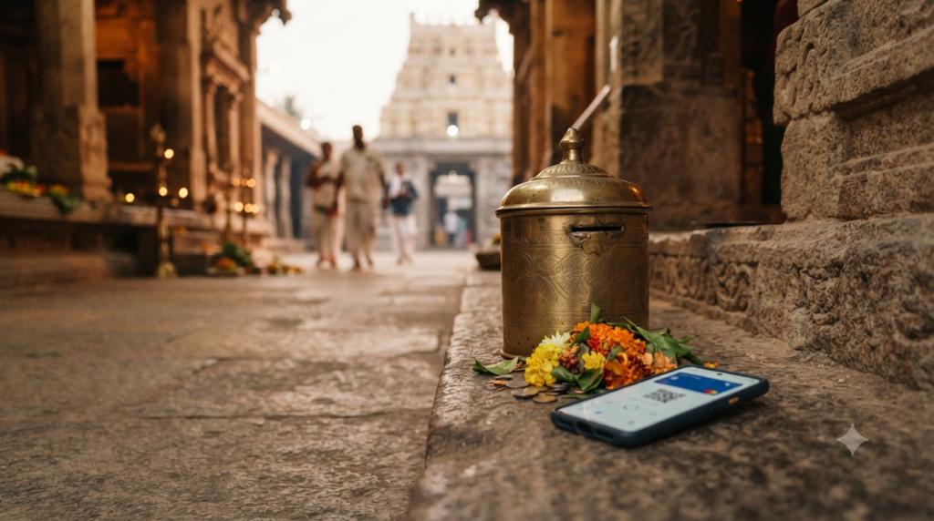 Kanipakam Temple Donation with temple hundi and secure online payment concept