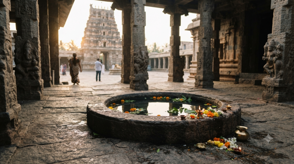 Kanipakam Temple history concept with ancient stone well, lamps and South Indian temple architecture