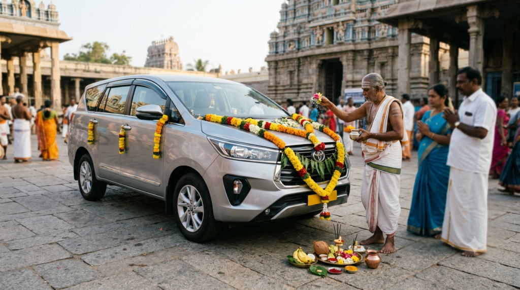 Kanipakam Vahana Pooja traditional vehicle blessing with flowers and a decorated car