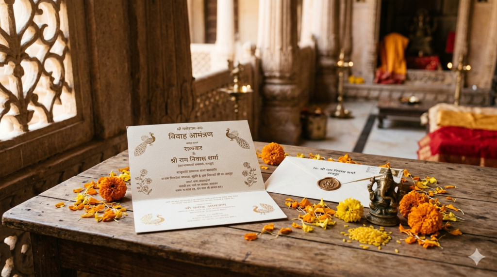 Kanipakam wedding card address written on an envelope with a Hindu wedding invitation