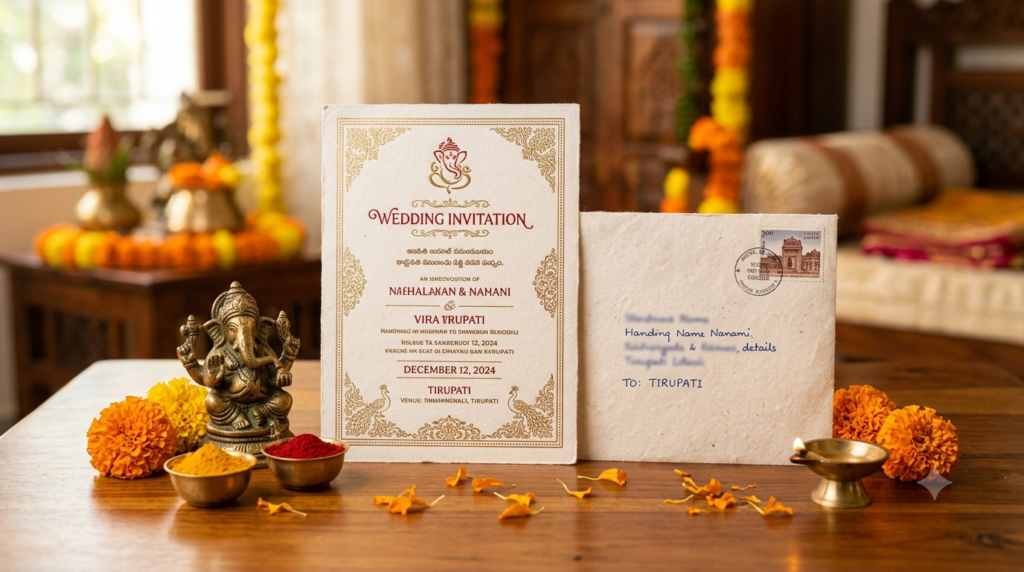 Kanipakam wedding invitation address and postal envelope for sending a wedding card to the temple