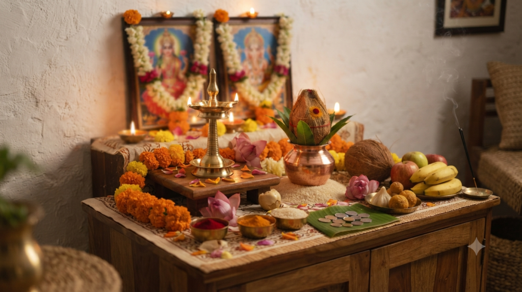 Lakshmi Kubera Pooja home altar with lamp, flowers, kalash and symbolic coins