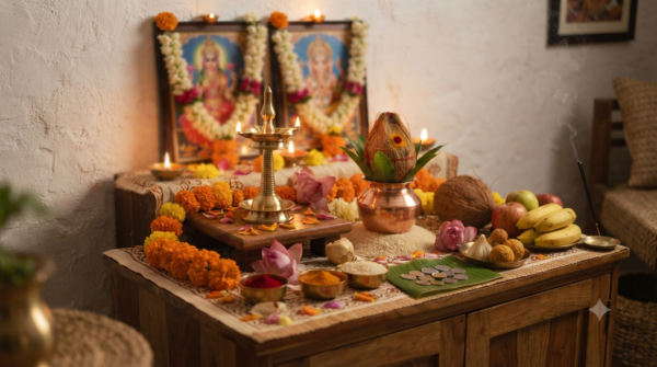 Lakshmi Kubera Pooja home altar with lamp, flowers, kalash and symbolic coins