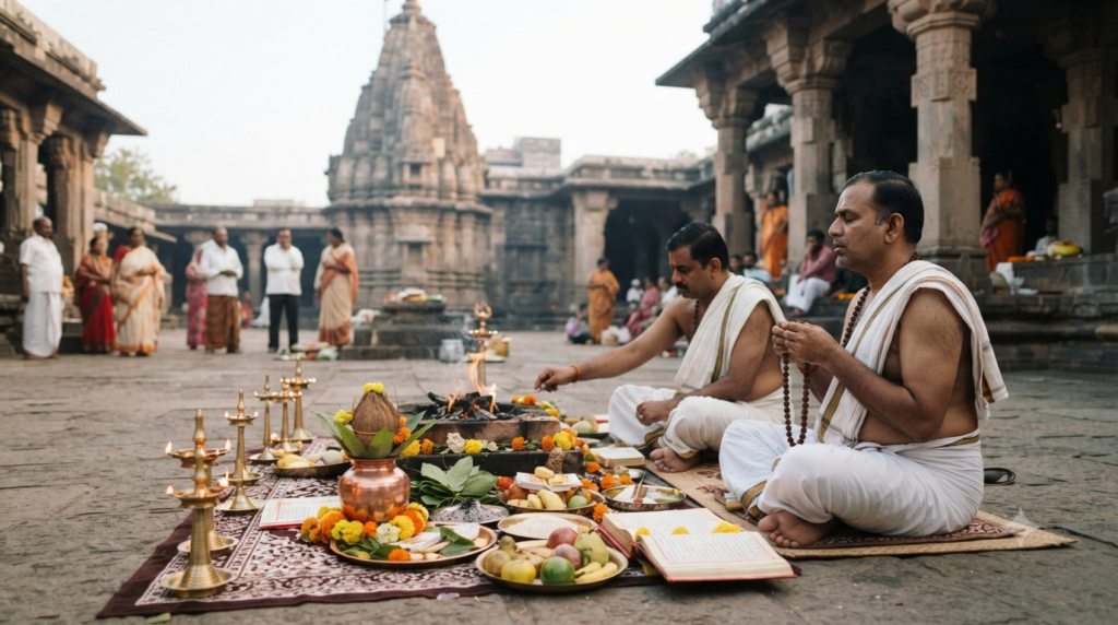 Maha Mrityunjaya Jaap Trimbakeshwar puja with lamps and Vedic worship