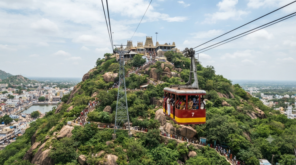 Palani rope car service carrying pilgrims toward the hill temple