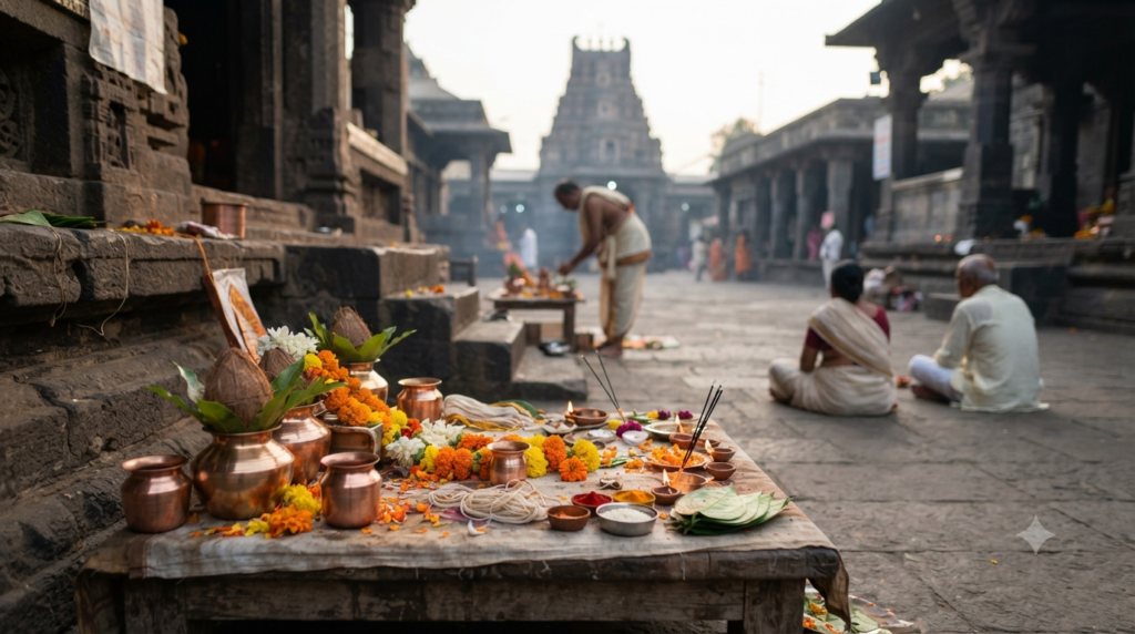 Rahu Ketu Puja Trimbakeshwar with traditional puja materials and temple setting