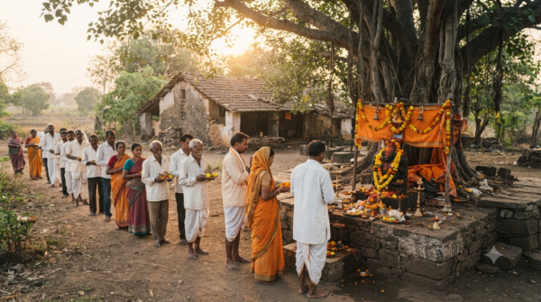 Shani Shingnapur darshan timings with devotees at an open-air shrine