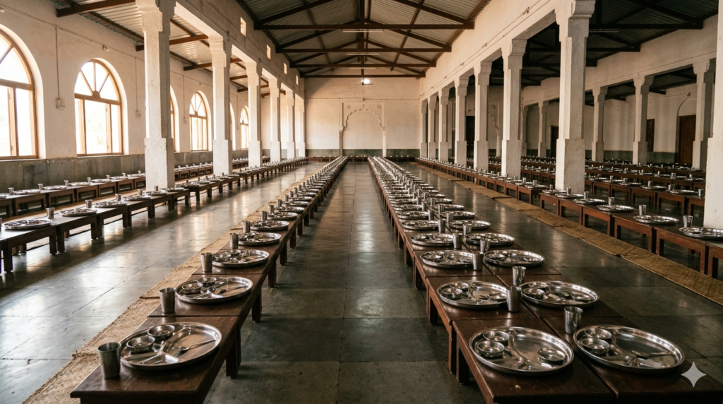 Shani Shingnapur Prasadalaya dining hall with rows of serving desks for pilgrim meals