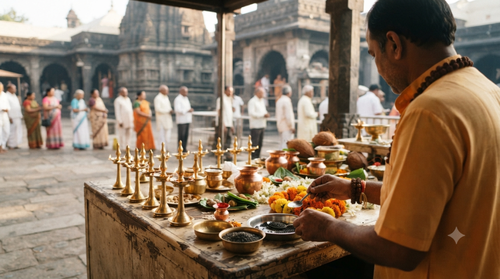 Shani Shingnapur puja offerings at the temple premises