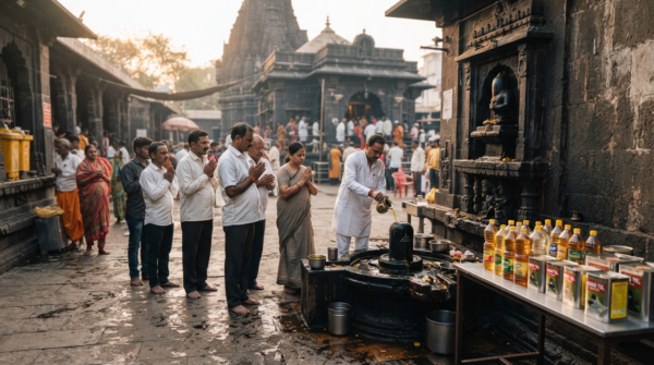 Shani Shingnapur Tailabhishekam Timings with devotees performing an oil offering