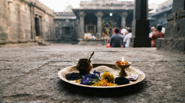 Shani Shingnapur Temple Pooja items with black til, mustard oil, flowers and diya
