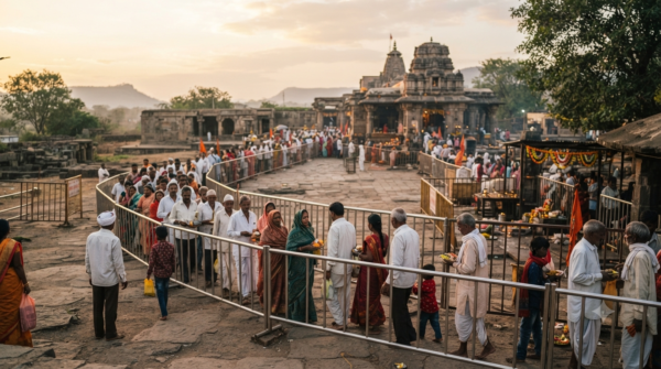 Shani Shingnapur Temple pilgrims waiting for darshan
