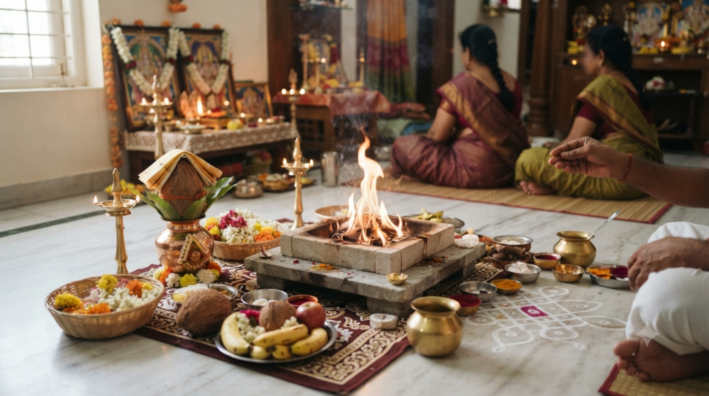 Sudarshana Homam Home Procedure with sacred fire and puja items