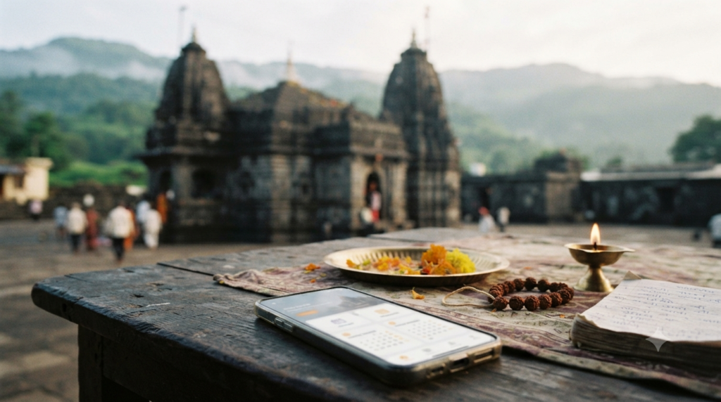 Trimbakeshwar online pooja booking shown on a phone beside a puja setup