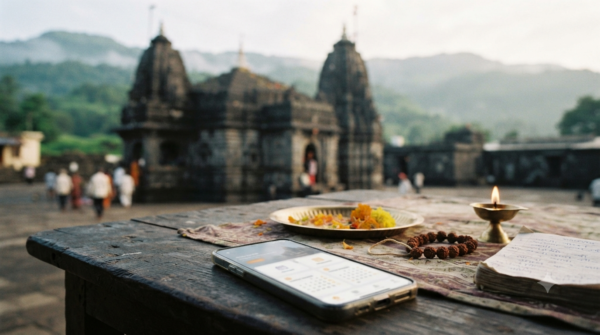 Trimbakeshwar online pooja booking shown on a phone beside a puja setup