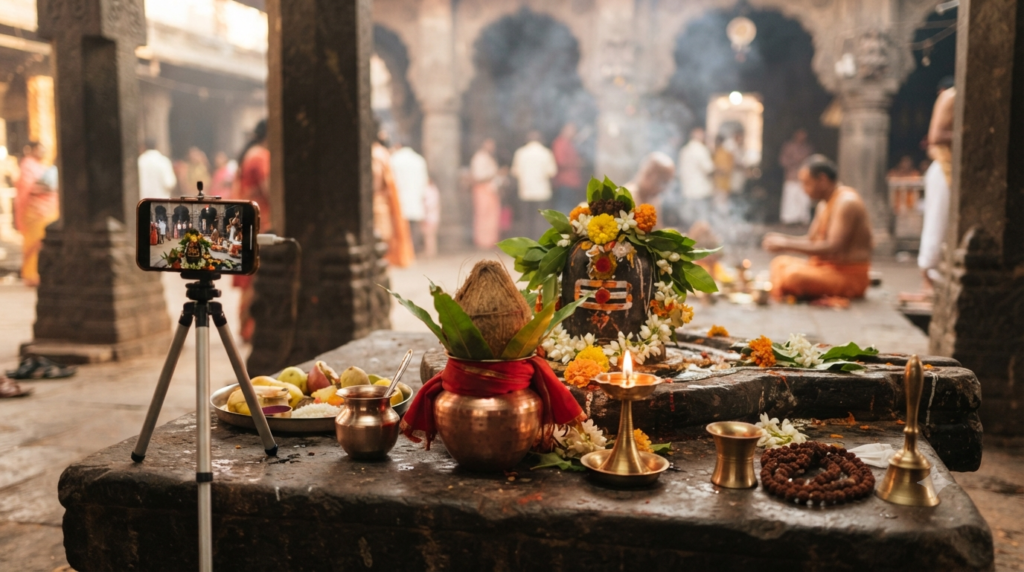 Trimbakeshwar Temple Rudrabhishek puja with kalash, bilva leaves and traditional offerings
