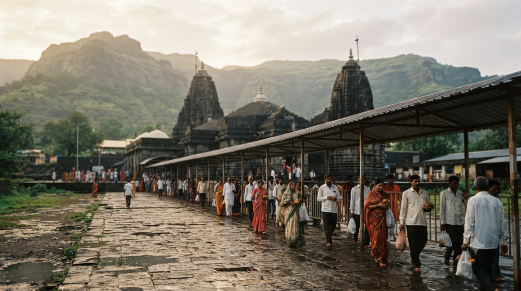 Trimbakeshwar temple timings with pilgrims arriving for morning darshan