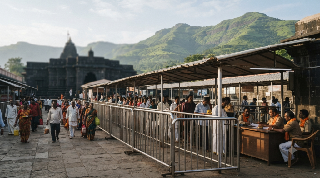 Trimbakeshwar VIP darshan pass booking queue at an official temple counter