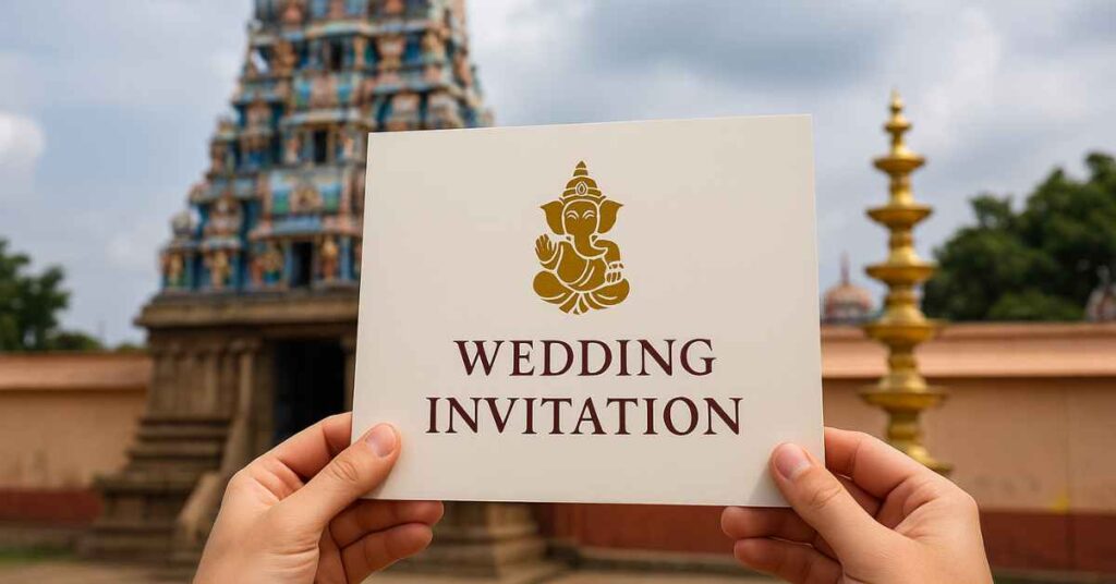 Wedding invitation card held in front of Kanipakam Sri Varasiddhi Vinayaka Temple for divine blessings