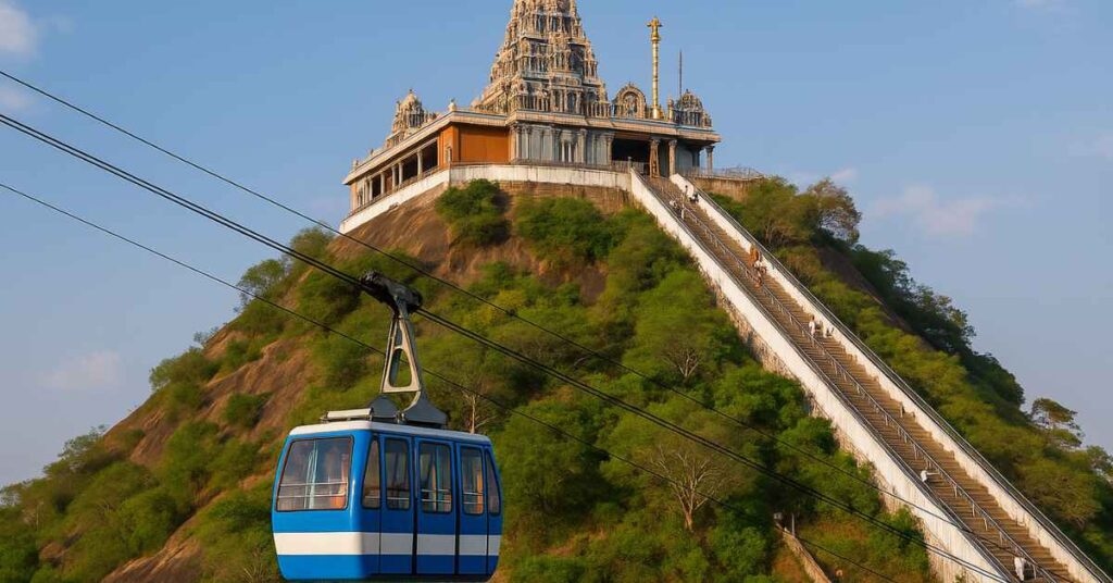 Rope car ascending the Palani Hills toward the Palani Murugan Temple with hilltop shrine and staircase in view