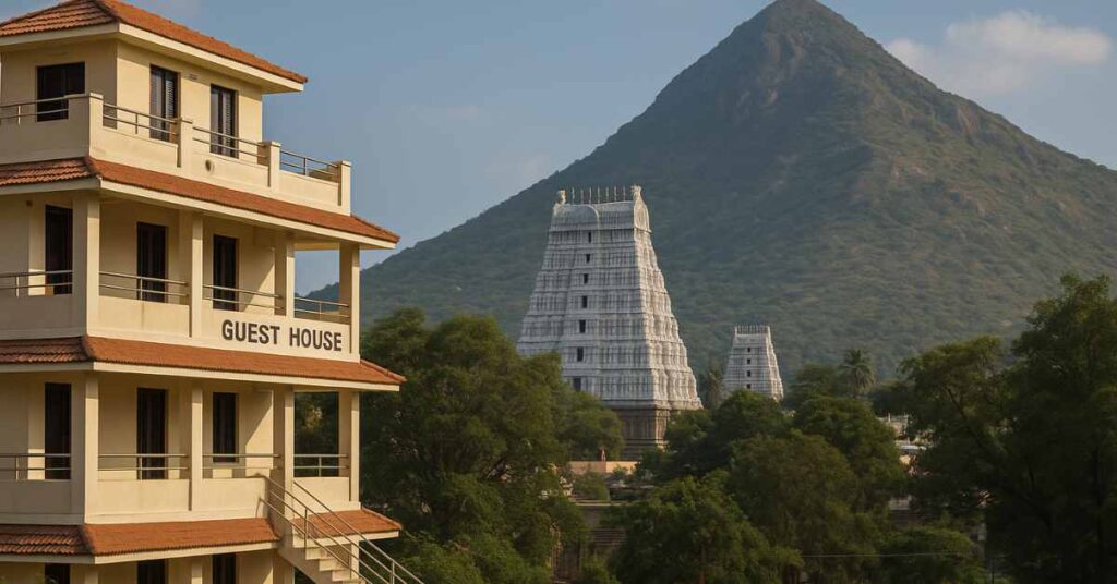 Guesthouse near Arunachaleswarar Temple with Arunachala Hill in the background