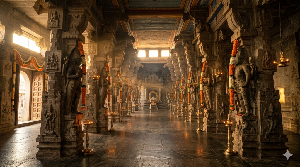 Arunachaleswarar Temple wedding mandapam with carved stone pillars in Tiruvannamalai