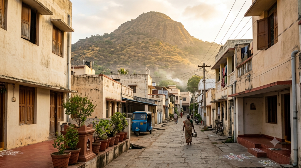 Free accommodation in Tiruvannamalai – ashram guest houses in Ramana Nagar below Arunachala Hill at sunrise