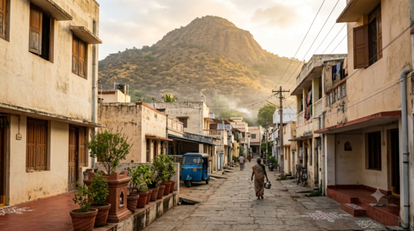 Free accommodation in Tiruvannamalai – ashram guest houses in Ramana Nagar below Arunachala Hill at sunrise