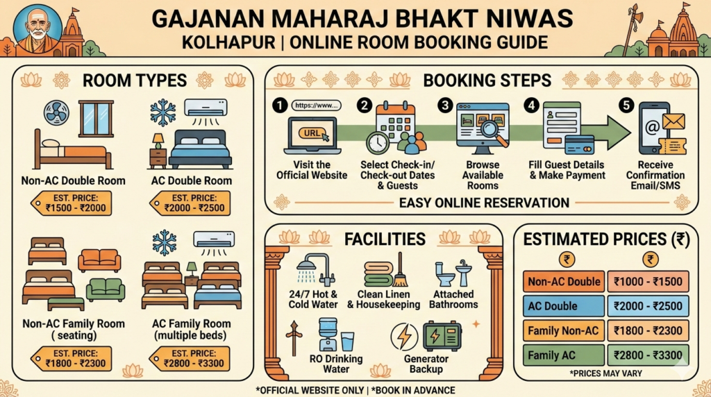 Gajanan Maharaj Bhakt Niwas Kolhapur rooms online booking guide infographic