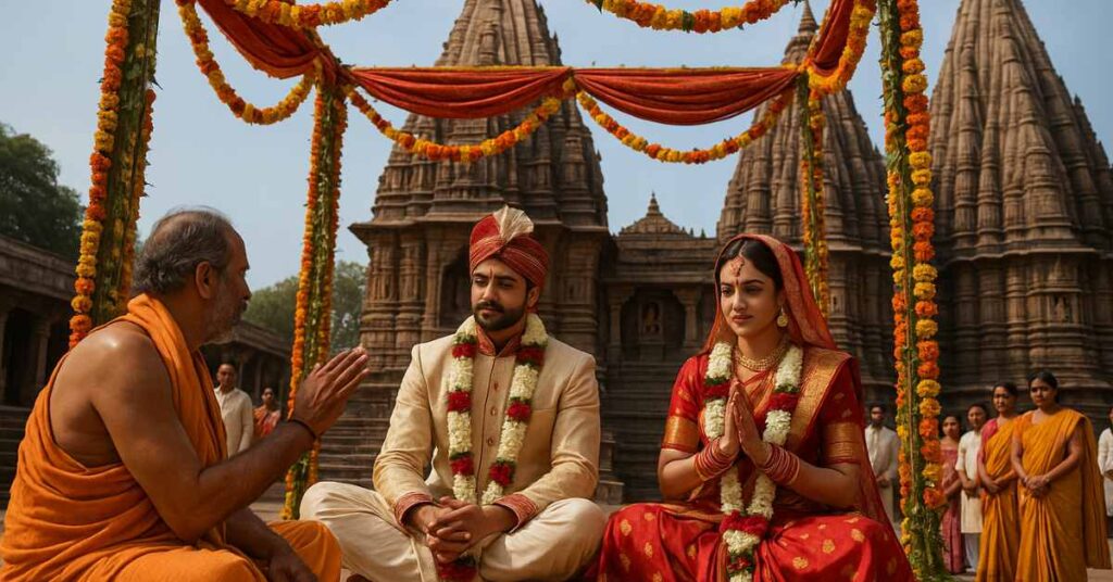 Hindu wedding ceremony at Mahakaleshwar Temple in Ujjain under a traditional mandap