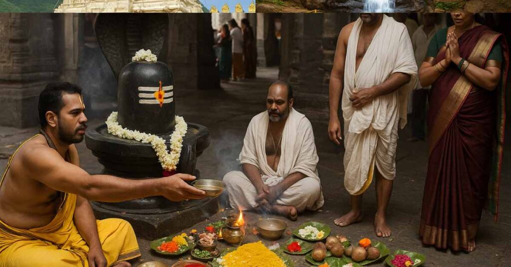 Priest performing Ashlesha Bali Pooja at Sri Kalahasti Temple with devotees and ritual offerings