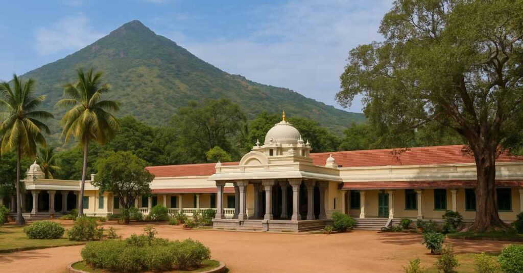 Ramana Maharshi Ashram with Arunachala Hill in the background