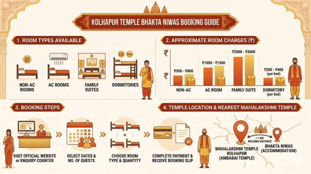 Kolhapur Temple Bhakta Niwas room booking guide infographic