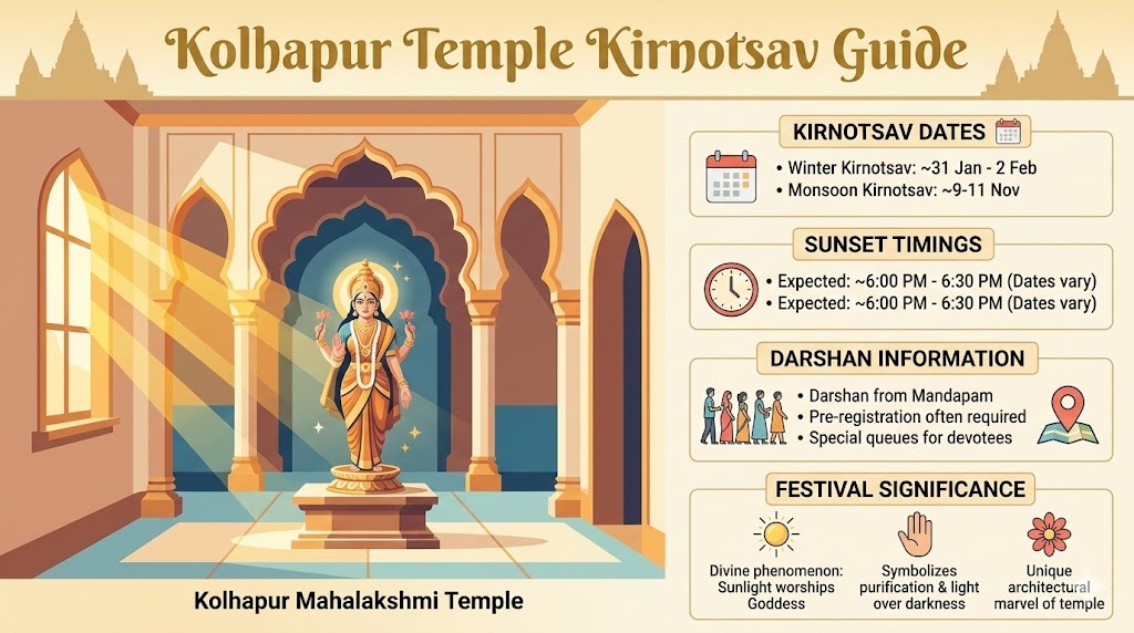Kolhapur temple kirnotsav booking sunlight festival guide infographic