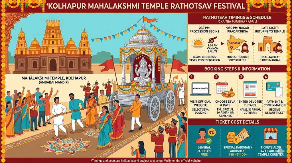 Kolhapur Temple Rathotsav booking timings and ticket cost infographic